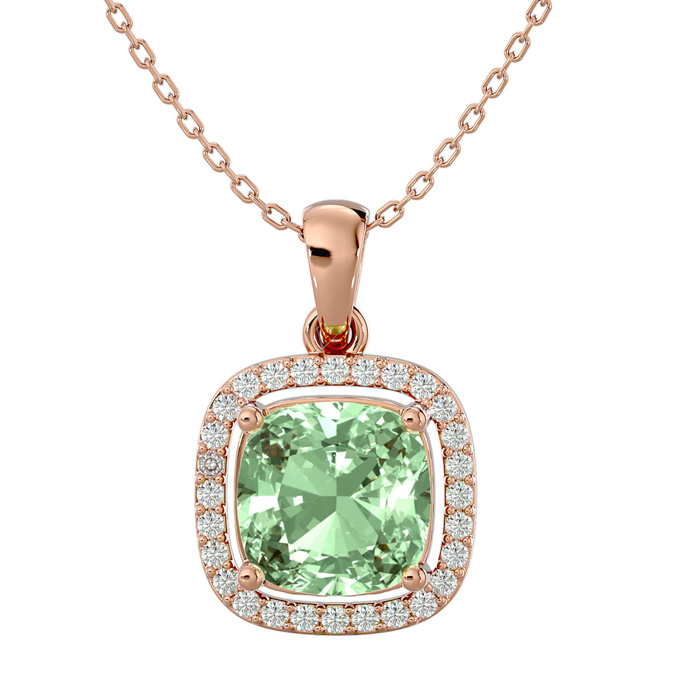 2 1/4 Carat Cushion Cut Green Amethyst & Halo Diamond Necklace in 14K Rose Gold (3.30 g), 18 Inches,  by SuperJeweler
