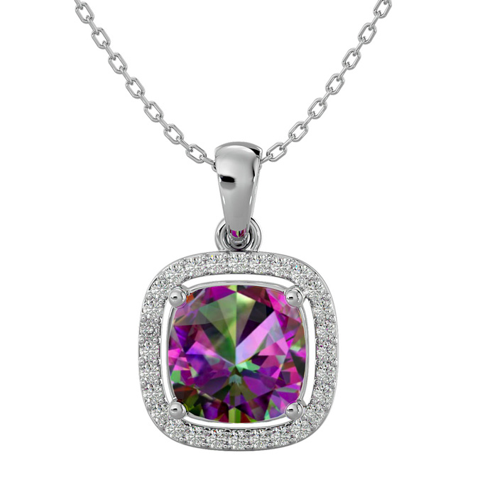 2 1/4 Carat Cushion Cut Mystic Topaz & Halo Diamond Necklace in 14K White Gold (3.30 g), 18 Inches,  by SuperJeweler