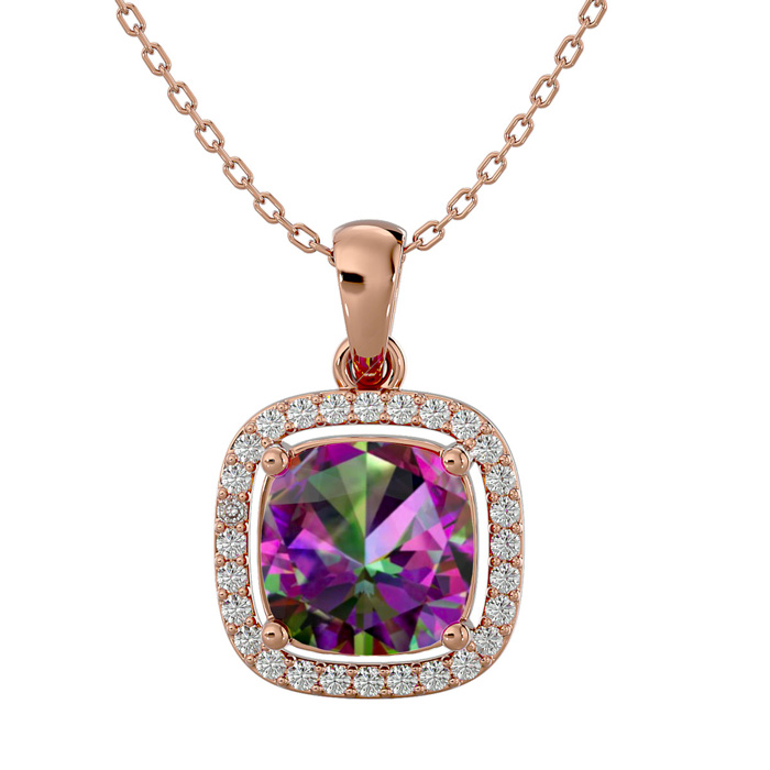 2 1/4 Carat Cushion Cut Mystic Topaz & Halo Diamond Necklace in 14K Rose Gold (3.30 g), 18 Inches,  by SuperJeweler