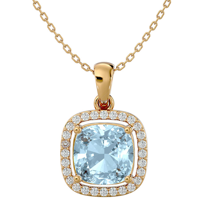 2 1/4 Carat Cushion Cut Aquamarine & Halo Diamond Necklace in 14K Yellow Gold (3.30 g), 18 Inches,  by SuperJeweler