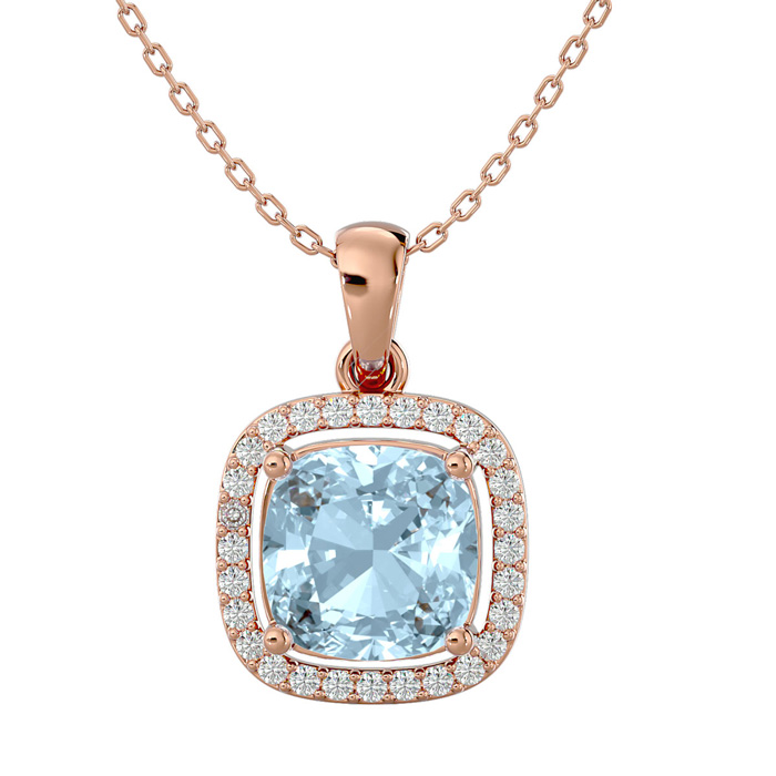 2 1/4 Carat Cushion Cut Aquamarine & Halo Diamond Necklace in 14K Rose Gold (3.30 g), 18 Inches,  by SuperJeweler