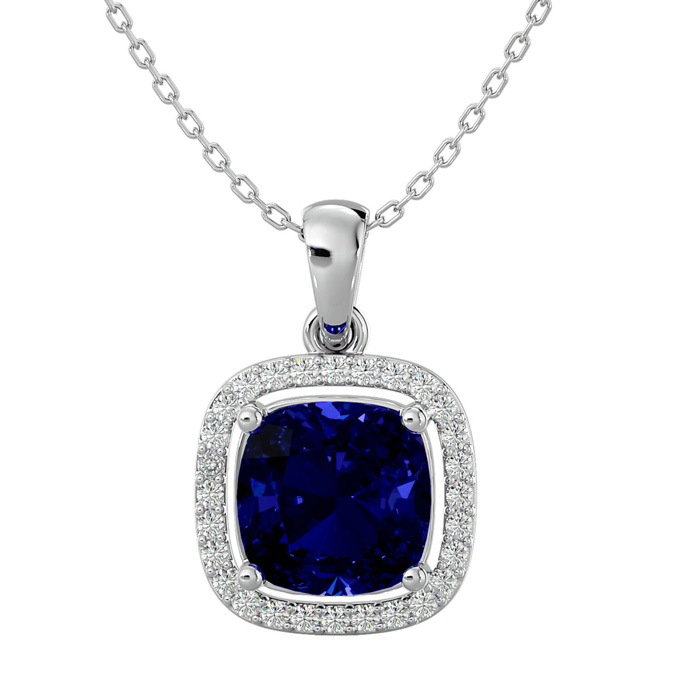 3 1/4 Carat Cushion Cut Sapphire & Halo Diamond Necklace in 14K White Gold (3.30 g), 18 Inches,  by SuperJeweler