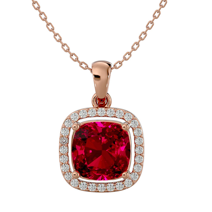 3 1/4 Carat Cushion Cut Ruby & Halo Diamond Necklace in 14K Rose Gold (3.30 g), 18 Inches,  by SuperJeweler