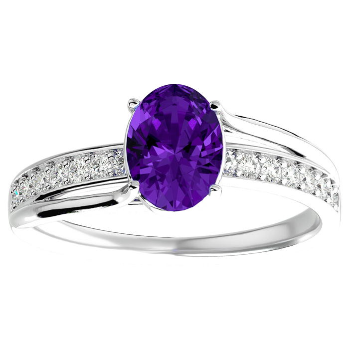 1.25 Carat Oval Shape Amethyst & 14 Diamond Ring in 14K White Gold (3.50 g), , Size 4 by SuperJeweler