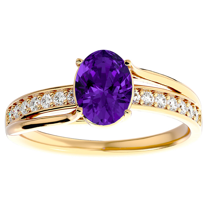 1.25 Carat Oval Shape Amethyst & 14 Diamond Ring in 14K Yellow Gold (3.50 g), , Size 4 by SuperJeweler