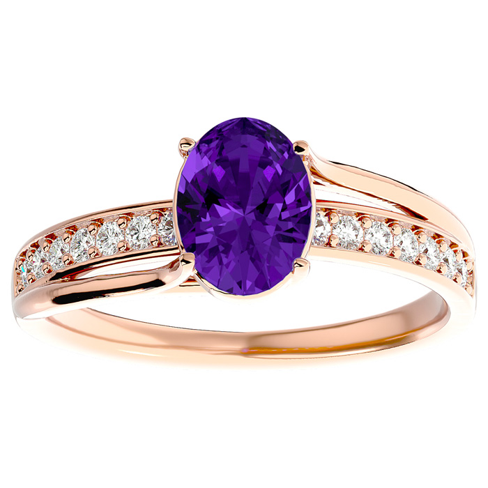 1.25 Carat Oval Shape Amethyst & 14 Diamond Ring in 14K Rose Gold (3.50 g), , Size 4 by SuperJeweler