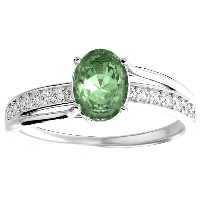 1.25 Carat Oval Shape Green Amethyst & 14 Diamond Ring in 14K White Gold (3.50 g), , Size 4 by SuperJeweler