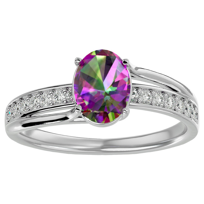 1.25 Carat Oval Shape Mystic Topaz & 14 Diamond Ring in 14K White Gold (3.50 g), , Size 4 by SuperJeweler