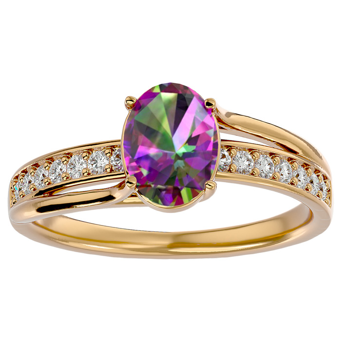 1.25 Carat Oval Shape Mystic Topaz & 14 Diamond Ring in 14K Yellow Gold (3.50 g), , Size 4 by SuperJeweler