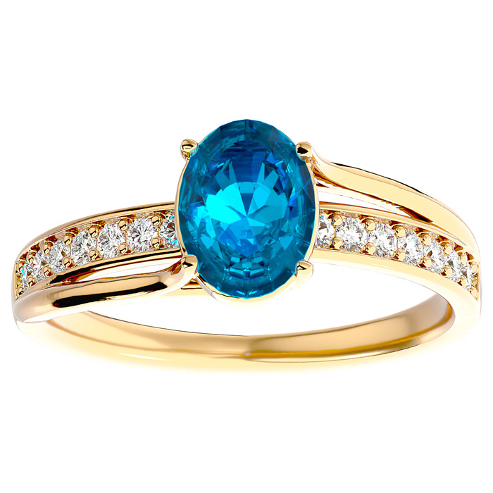 1 3/4 Carat Oval Shape Blue Topaz & 14 Diamond Ring in 14K Yellow Gold (3.50 g), , Size 4 by SuperJeweler