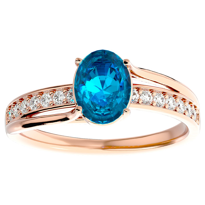 1 3/4 Carat Oval Shape Blue Topaz & 14 Diamond Ring in 14K Rose Gold (3.50 g), , Size 4 by SuperJeweler