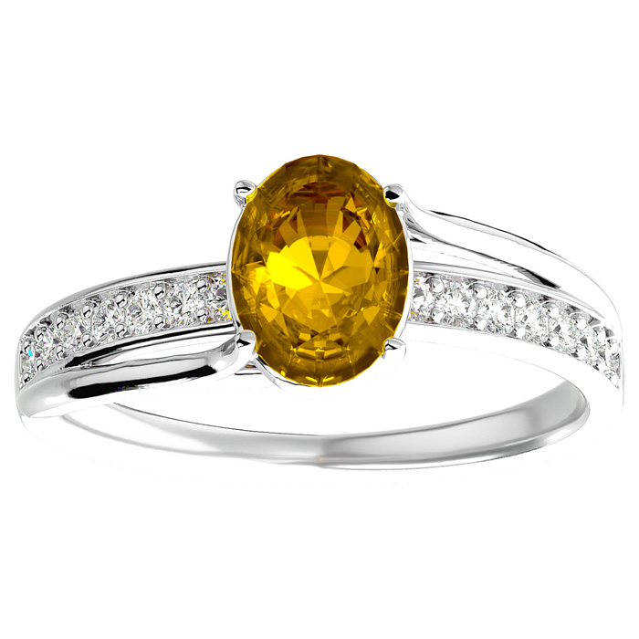 1.25 Carat Oval Shape Citrine & 14 Diamond Ring in 14K White Gold (3.50 g), , Size 4 by SuperJeweler