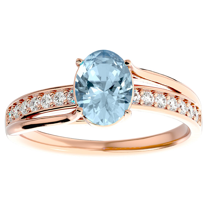 1 1/3 Carat Oval Shape Aquamarine & 14 Diamond Ring in 14K Rose Gold (3.50 g), , Size 4 by SuperJeweler
