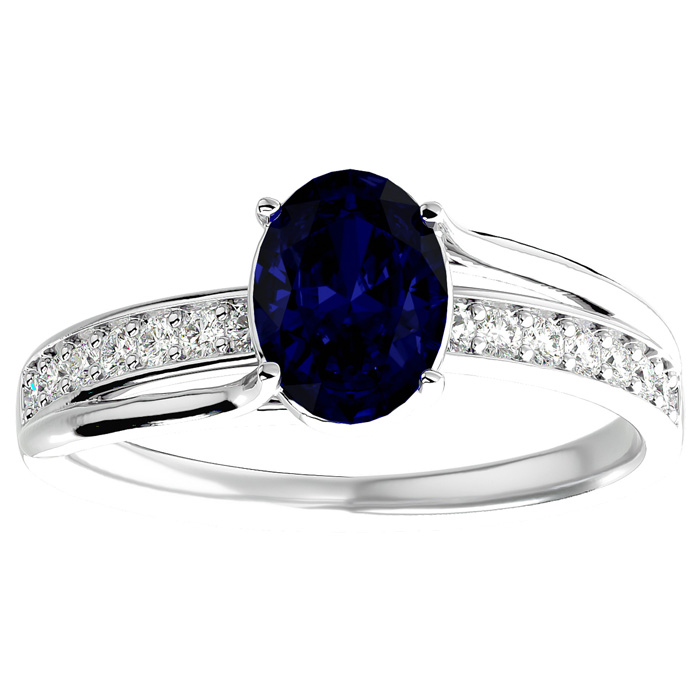 1 3/4 Carat Oval Shape Sapphire & 14 Diamond Ring in 14K White Gold (3.50 g), , Size 4 by SuperJeweler