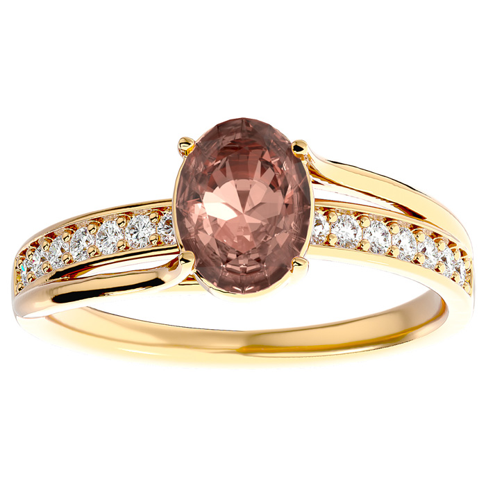 1 1/3 Carat Oval Shape Morganite & 14 Diamond Ring in 14K Yellow Gold (3.50 g), , Size 4 by SuperJeweler
