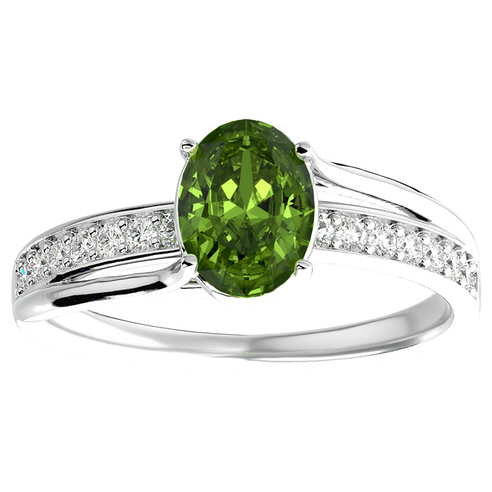 1.5 Carat Oval Shape Peridot & 14 Diamond Ring in 14K White Gold (3.50 g), , Size 4 by SuperJeweler