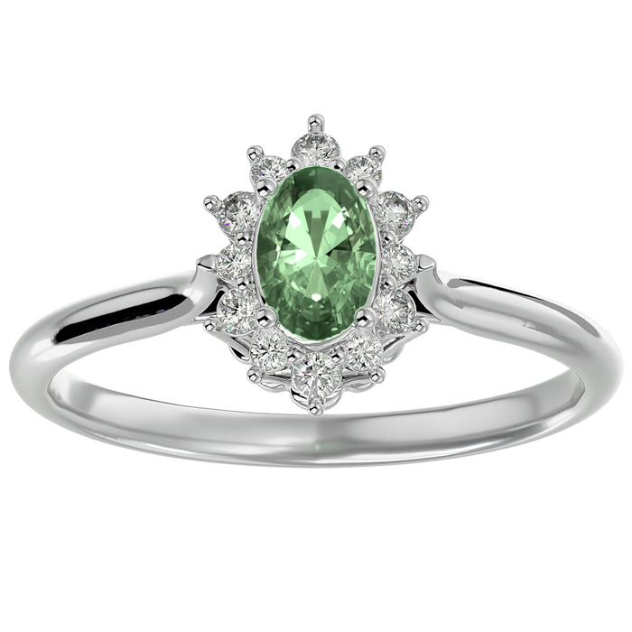 2/3 Carat Oval Shape Green Amethyst & Halo 12 Diamond Ring in 14K White Gold (2.80 g), , Size 4 by SuperJeweler