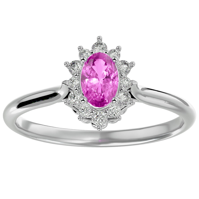 2/3 Carat Oval Shape Pink Topaz & Halo 12 Diamond Ring in 14K White Gold (2.80 g), , Size 4 by SuperJeweler