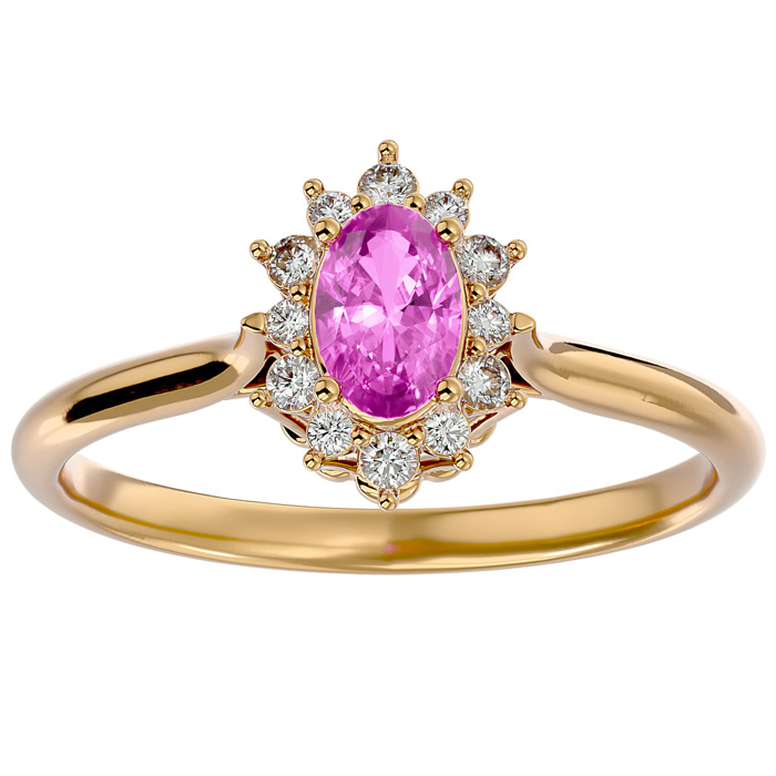 2/3 Carat Oval Shape Pink Topaz & Halo 12 Diamond Ring in 14K Yellow Gold (2.80 g), , Size 4 by SuperJeweler