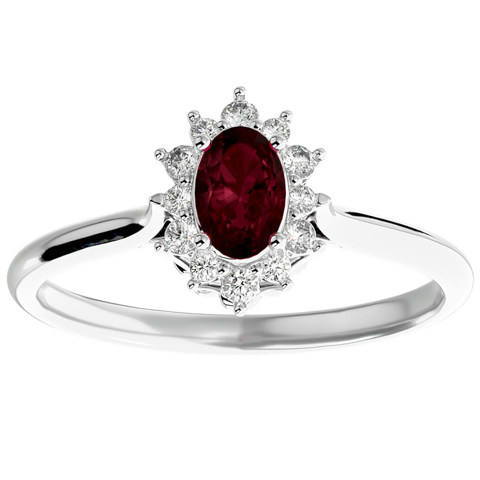 2/3 Carat Oval Shape Garnet & Halo 12 Diamond Ring in 14K White Gold (2.80 g), , Size 4 by SuperJeweler