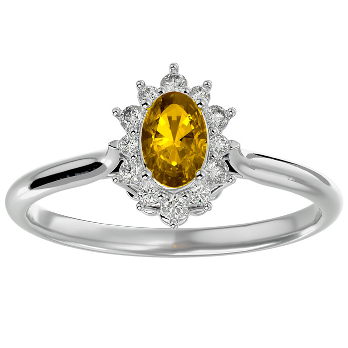 2/3 Carat Oval Shape Citrine & Halo 12 Diamond Ring in 14K White Gold (2.80 g), , Size 4 by SuperJeweler