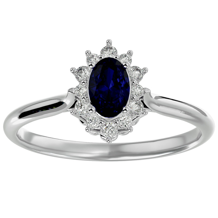 3/4 Carat Oval Shape Sapphire & Halo 12 Diamond Ring in 14K White Gold (2.80 g), , Size 4 by SuperJeweler