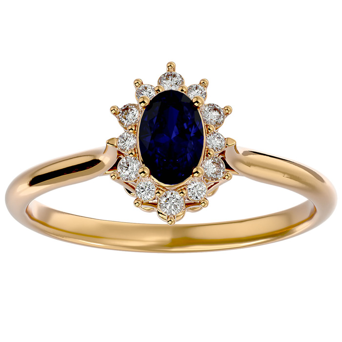 3/4 Carat Oval Shape Sapphire & Halo 12 Diamond Ring in 14K Yellow Gold (2.80 g), , Size 4 by SuperJeweler