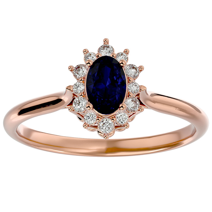 3/4 Carat Oval Shape Sapphire & Halo 12 Diamond Ring in 14K Rose Gold (2.80 g), , Size 4 by SuperJeweler