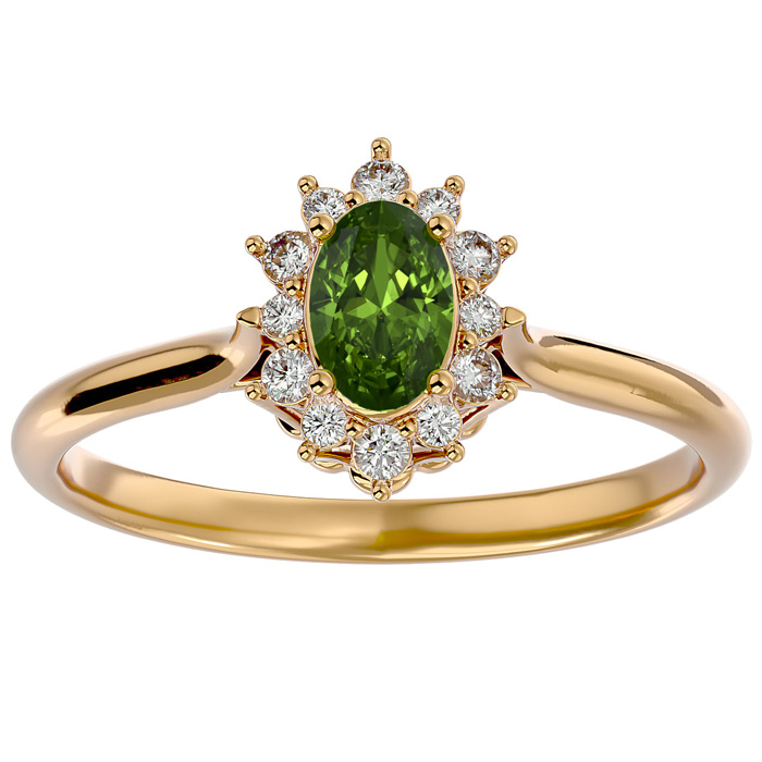 2/3 Carat Oval Shape Peridot & Halo 12 Diamond Ring in 14K Yellow Gold (2.80 g), , Size 4 by SuperJeweler