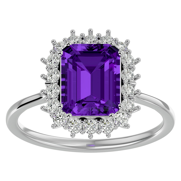2.5 Carat Amethyst & Halo 18 Diamond Ring in 14K White Gold (3.70 g), , Size 4 by SuperJeweler