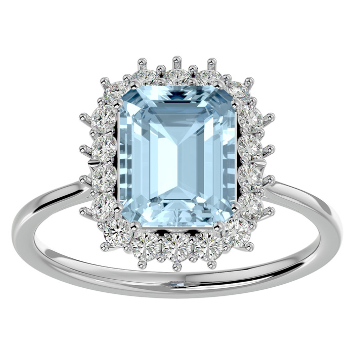 2.5 Carat Aquamarine & Halo 18 Diamond Ring in 14K White Gold (3.70 g), , Size 4 by SuperJeweler