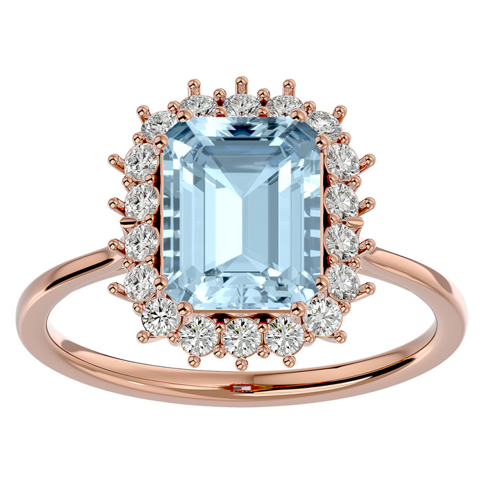 2.5 Carat Aquamarine & Halo 18 Diamond Ring in 14K Rose Gold (3.70 g), , Size 4 by SuperJeweler