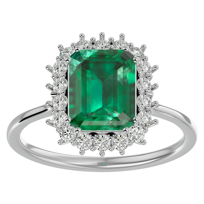 2.5 Carat Emerald Cut & Halo 18 Diamond Ring in 14K White Gold (3.70 g), , Size 4 by SuperJeweler