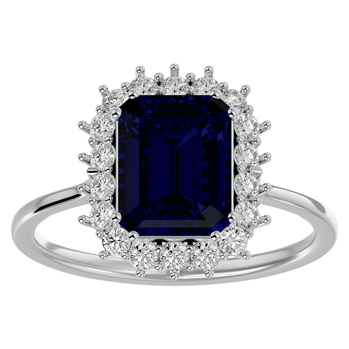 3 1/5 Carat Sapphire & Halo 18 Diamond Ring In 14K White Gold (3.70 G), I-J, Size 4 By SuperJeweler