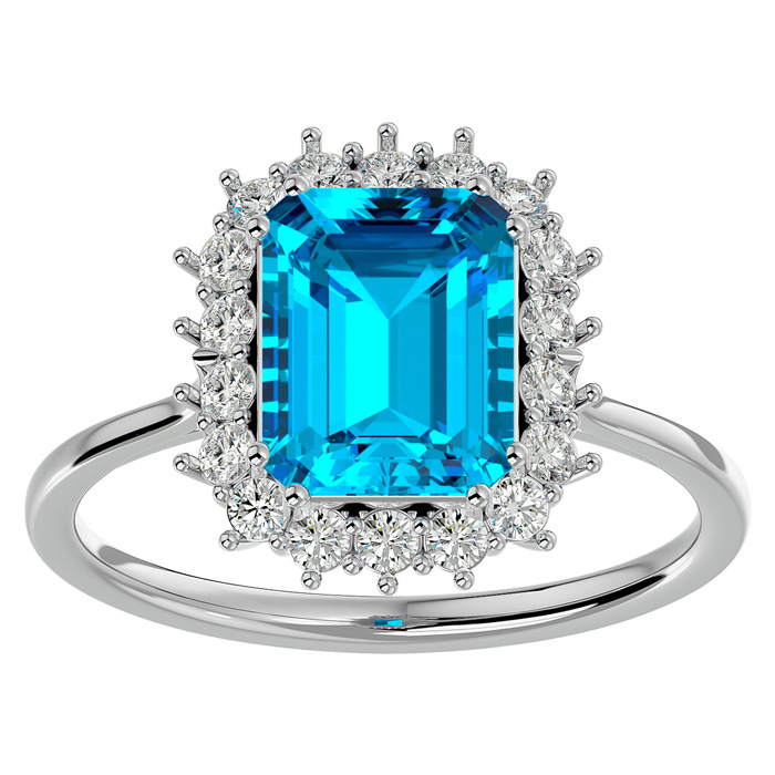 3 Carat Blue Topaz & Halo 18 Diamond Ring in 14K White Gold (3.70 g), , Size 4 by SuperJeweler