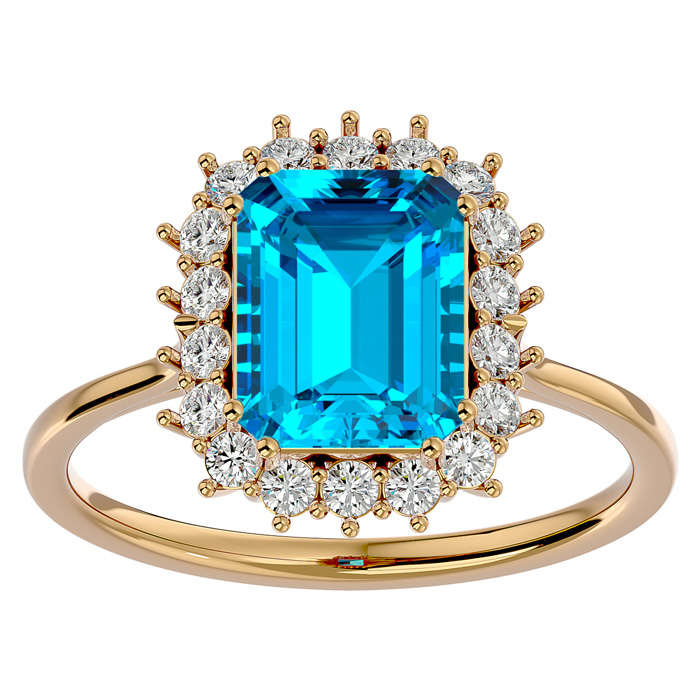 3 Carat Blue Topaz & Halo 18 Diamond Ring in 14K Yellow Gold (3.70 g), , Size 4 by SuperJeweler