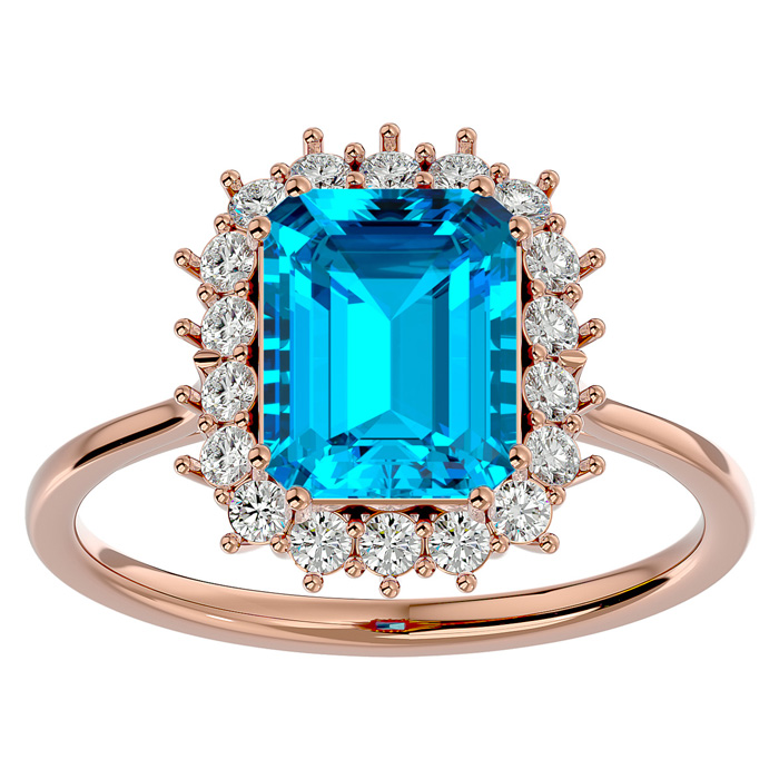 3 Carat Blue Topaz & Halo 18 Diamond Ring in 14K Rose Gold (3.70 g), , Size 4 by SuperJeweler