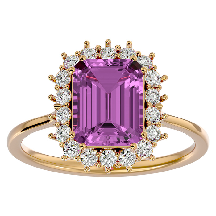 3 Carat Pink Topaz & Halo 18 Diamond Ring in 14K Yellow Gold (3.70 g), , Size 4 by SuperJeweler