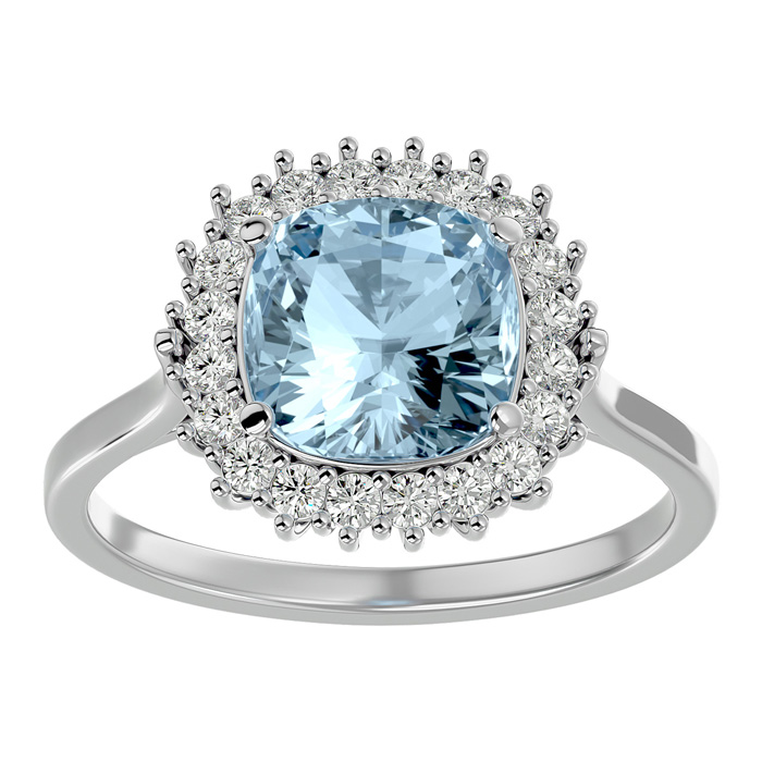 2.5 Carat Cushion Cut Aquamarine & Halo 20 Diamond Ring in 14K White Gold (4 g), , Size 4 by SuperJeweler