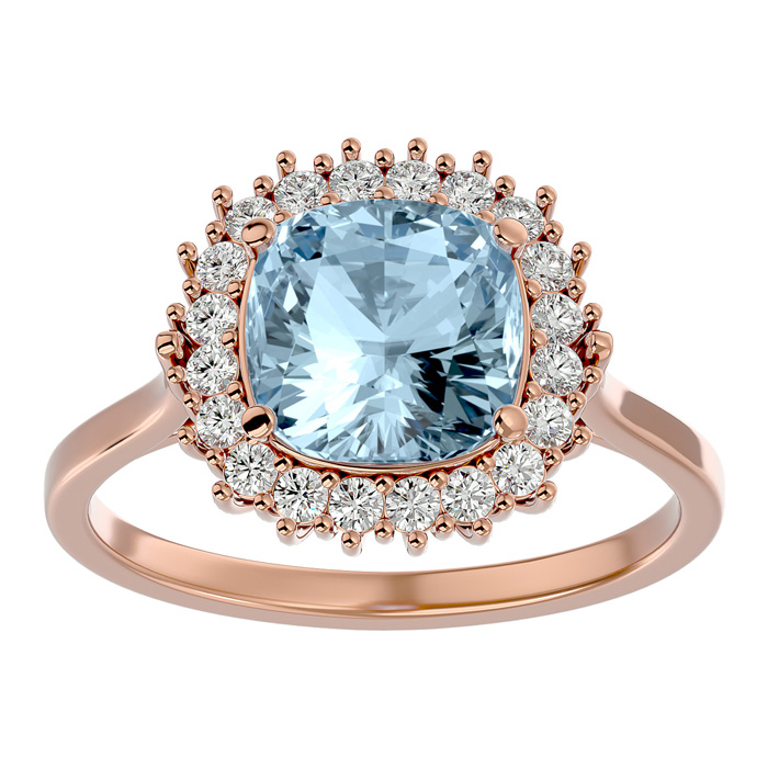 2.5 Carat Cushion Cut Aquamarine & Halo 20 Diamond Ring in 14K Rose Gold (4 g), , Size 4 by SuperJeweler