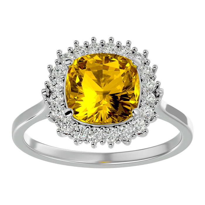 2.5 Carat Cushion Cut Citrine & Halo 20 Diamond Ring in 14K White Gold (4 g), , Size 4 by SuperJeweler