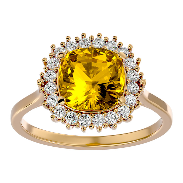 2.5 Carat Cushion Cut Citrine & Halo 20 Diamond Ring in 14K Yellow Gold (4 g), , Size 4 by SuperJeweler