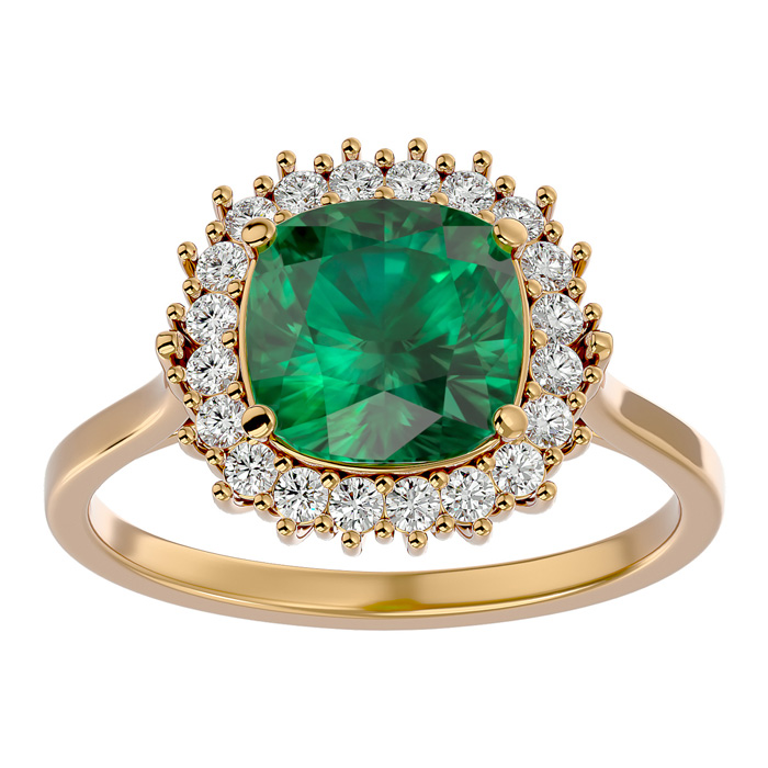 2.5 Carat Cushion Cut Emerald & Halo 20 Diamond Ring in 14K Yellow Gold (4 g), , Size 4 by SuperJeweler