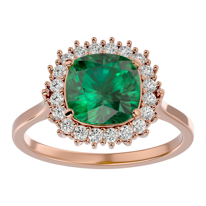 2.5 Carat Cushion Cut Emerald & Halo 20 Diamond Ring in 14K Rose Gold (4 g), , Size 4 by SuperJeweler