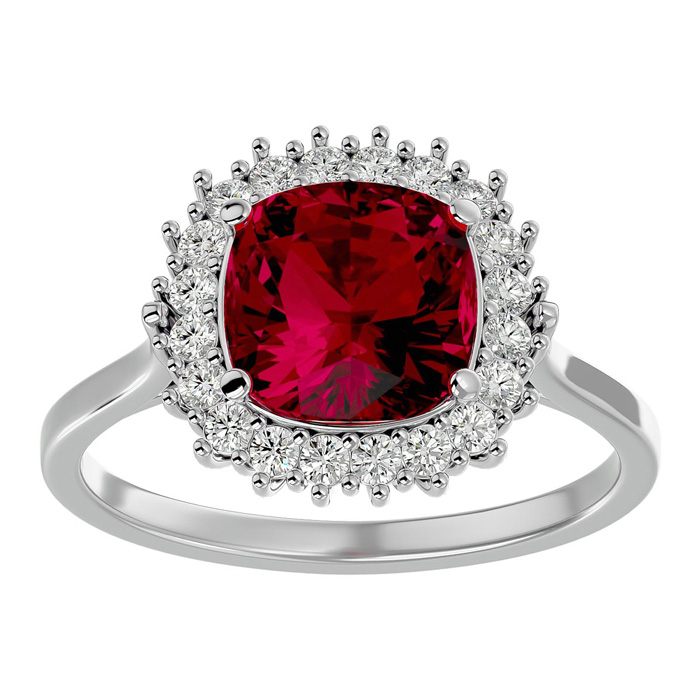 3 1/2 Carat Cushion Cut Ruby & Halo 20 Diamond Ring in 14K White Gold (4 g), , Size 4 by SuperJeweler