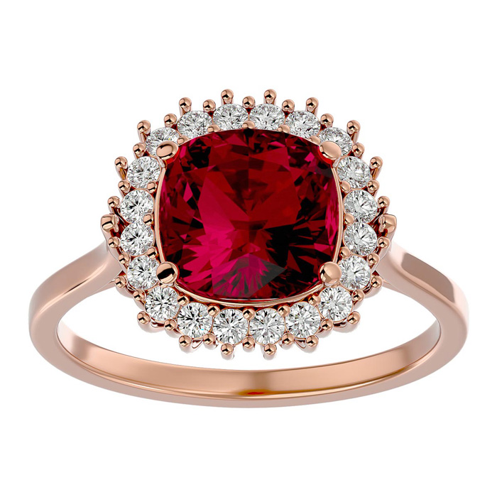 3 1/2 Carat Cushion Cut Ruby & Halo 20 Diamond Ring In 14K Rose Gold (4 G), I-J, Size 4 By SuperJeweler