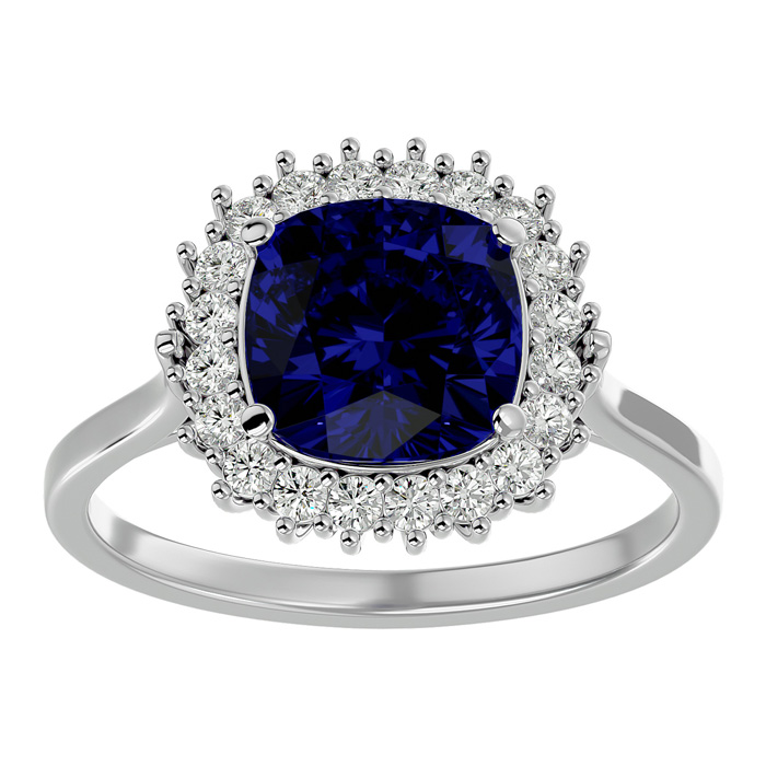 3 1/2 Carat Cushion Cut Sapphire & Halo 20 Diamond Ring in 14K White Gold (4 g), , Size 4 by SuperJeweler