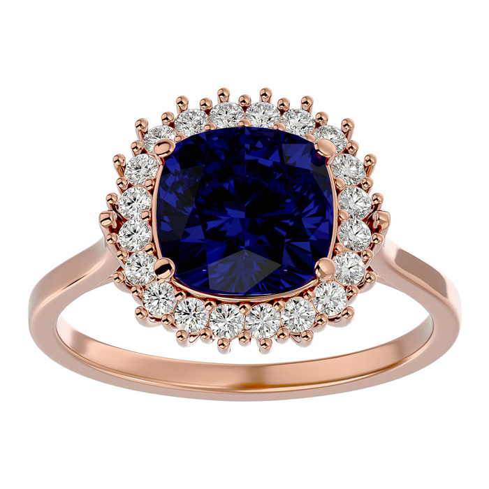 3 1/2 Carat Cushion Cut Sapphire & Halo 20 Diamond Ring in 14K Rose Gold (4 g), , Size 4 by SuperJeweler