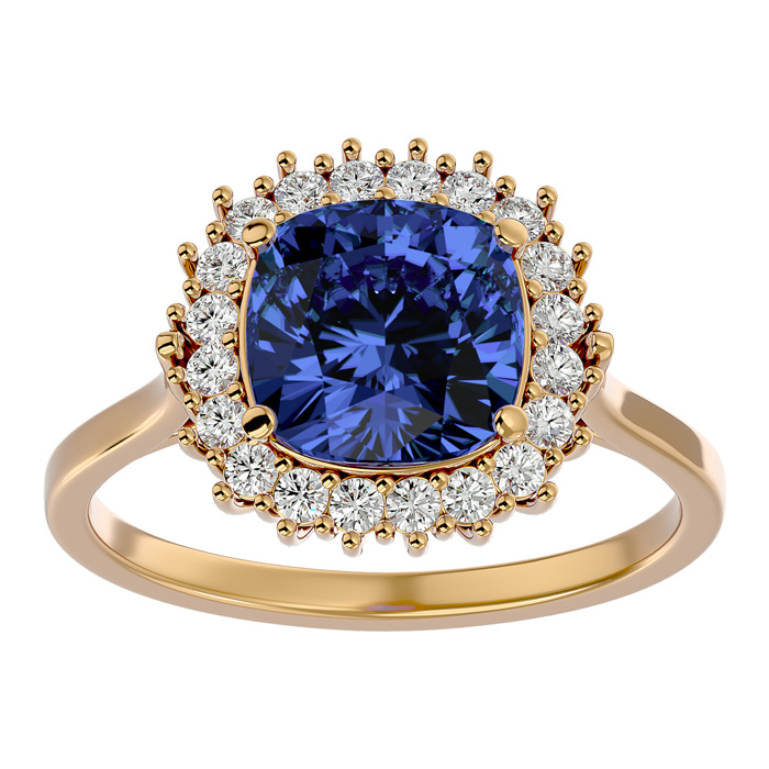 3 Carat Cushion Cut Tanzanite & Halo 20 Diamond Ring in 14K Yellow Gold (4 g), , Size 4 by SuperJeweler