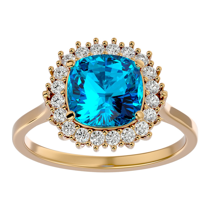 3 Carat Cushion Cut Blue Topaz & Halo 20 Diamond Ring in 14K Yellow Gold (4 g), , Size 4 by SuperJeweler